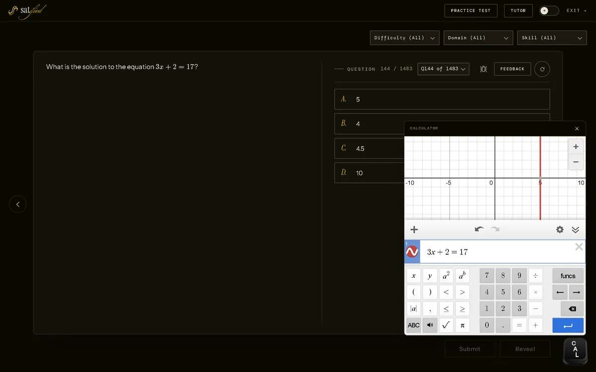 The Satified practice app showing the question 3x plus 2 equals 17 with the built in Desmos calculator open. The equation has been typed into Desmos, which draws a vertical line at x equals 5, matching answer choice A.