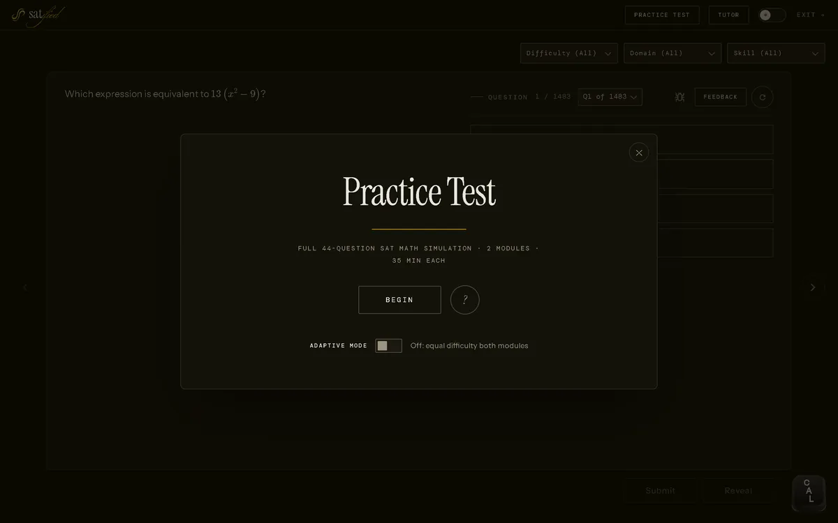 The Satified practice test start screen, reading full 44 question SAT Math simulation, 2 modules, 35 minutes each, with a Begin button and an adaptive mode toggle.