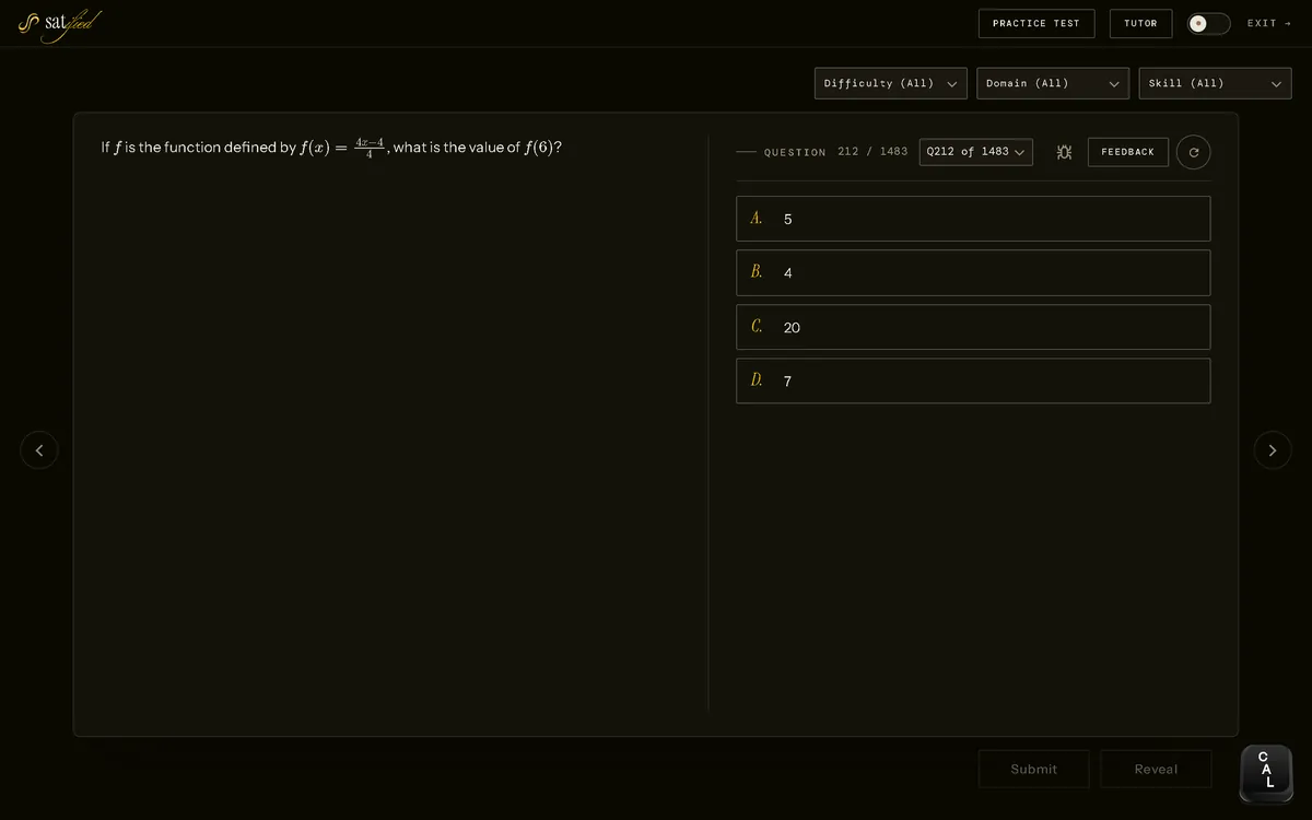 The free Satified practice app showing an SAT Math function question with four answer choices, filters for difficulty, domain and skill, and a question counter reading 1483.
